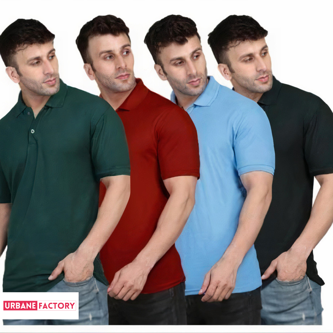 Cotton Solid Half Sleeves Mens Polo Neck T-Shirt Pack of 4